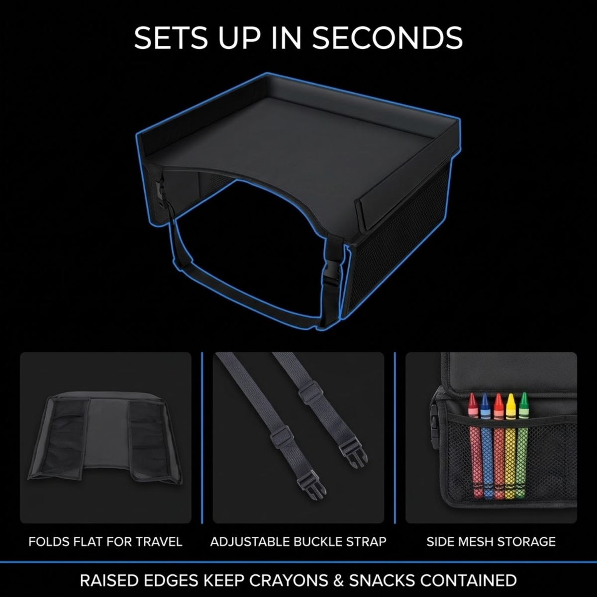 Black Kids Car Seat Tray outline with close-ups of the fold-flat design, adjustable buckle strap and side mesh pocket holding crayons