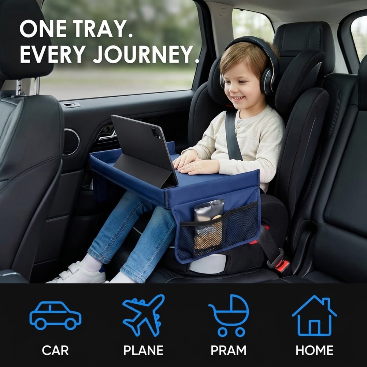 Smiling boy wearing headphones using a tablet on a blue Kids Car Seat Tray in a car booster seat, with car, plane, pram and home use icons