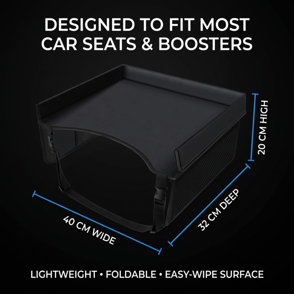 Black Kids Car Seat Tray dimension diagram showing 40 cm wide, 32 cm deep and 20 cm high