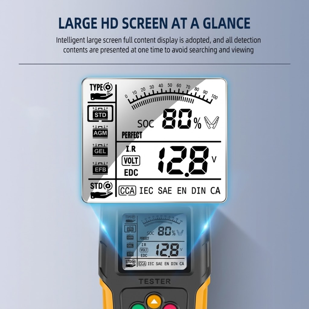 Close-up of the LCD Battery Health Analyser backlit screen displaying state of charge, voltage and CCA test standards