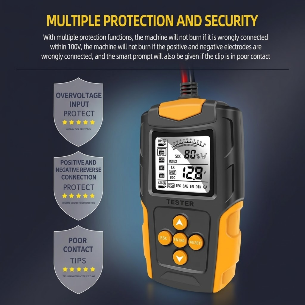 LCD Battery Health Analyser with overvoltage, reverse polarity and poor contact protection features