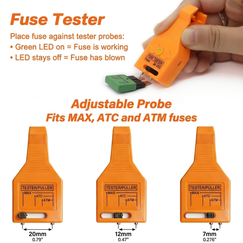 LED Blade Fuse Tester guide: green LED shows a working fuse, adjustable probe fits MAXI, ATC and ATM fuses
