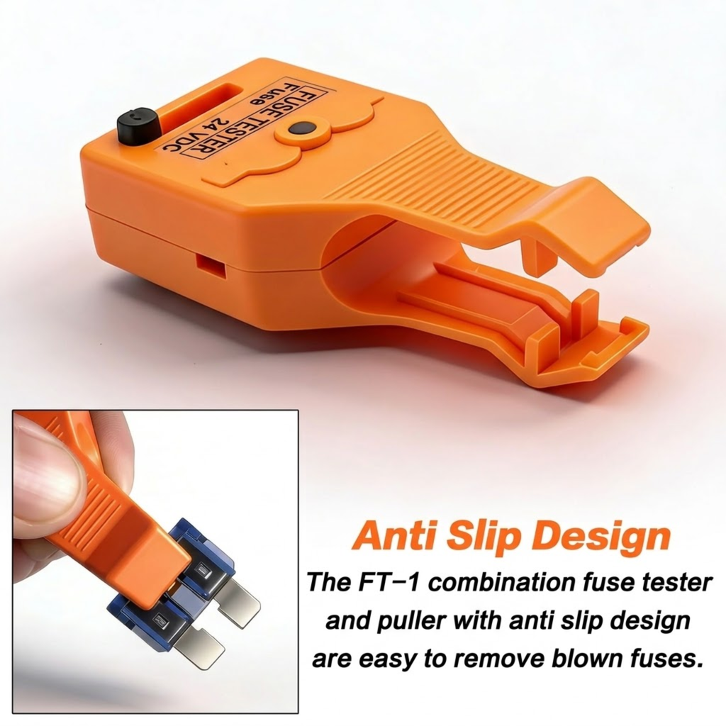 LED Blade Fuse Tester anti-slip puller jaws, with inset of a hand removing a blade fuse