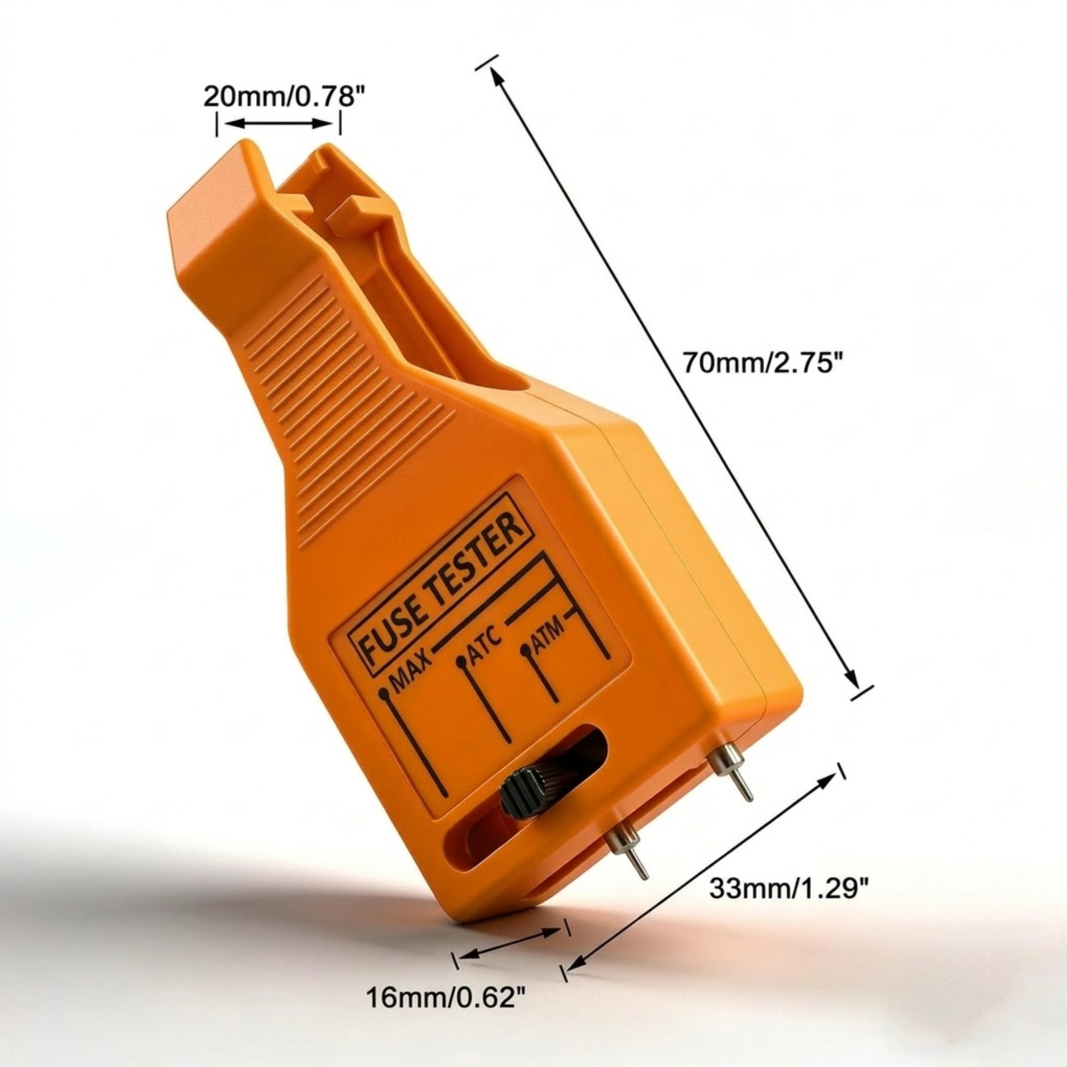 LED Blade Fuse Tester dimensions: 70 mm long, 33 mm wide with 20 mm jaw opening