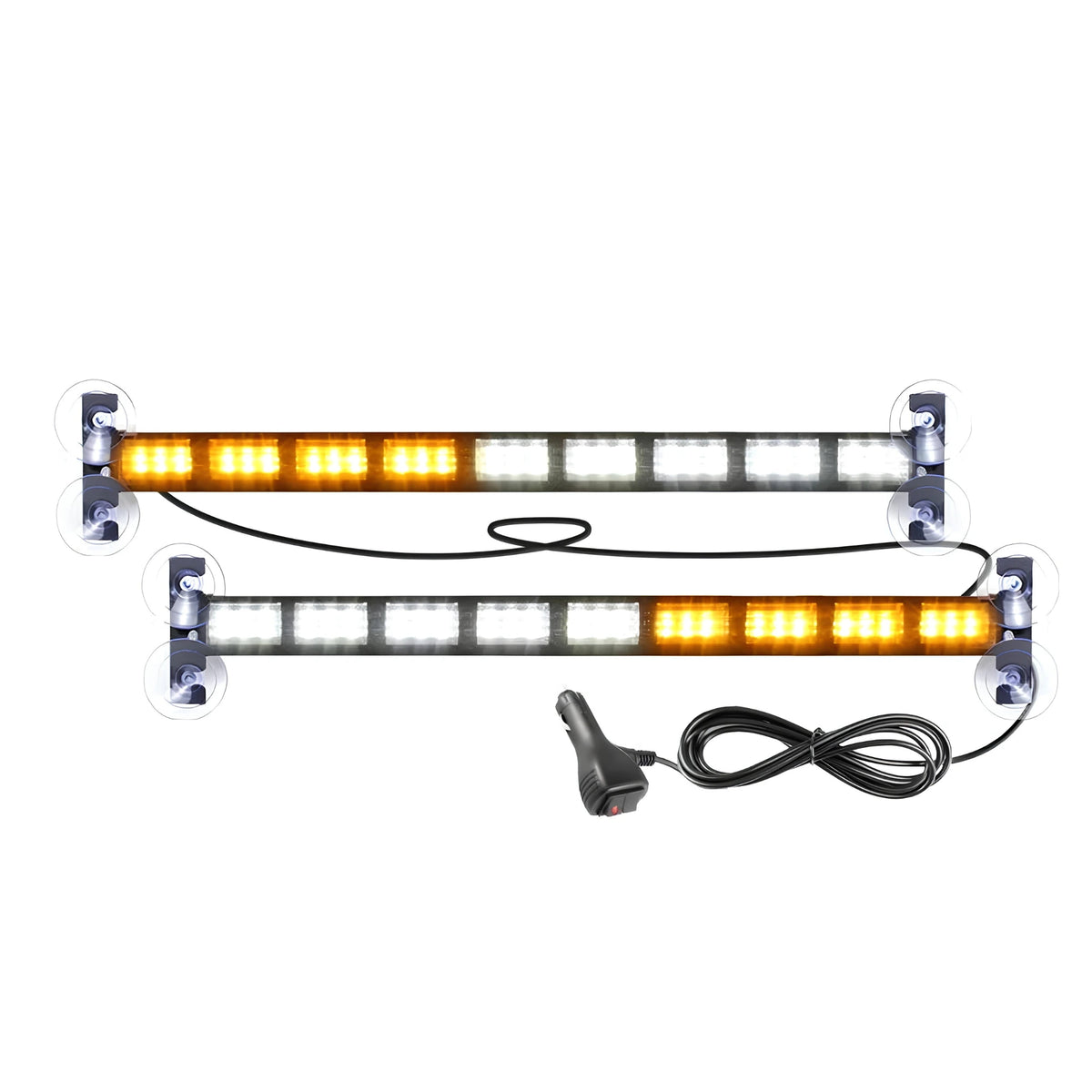 Two LED Bumper Strobe Light Strip bars with amber and white LED sections, suction cup mounts and cigarette lighter power plug on a white background