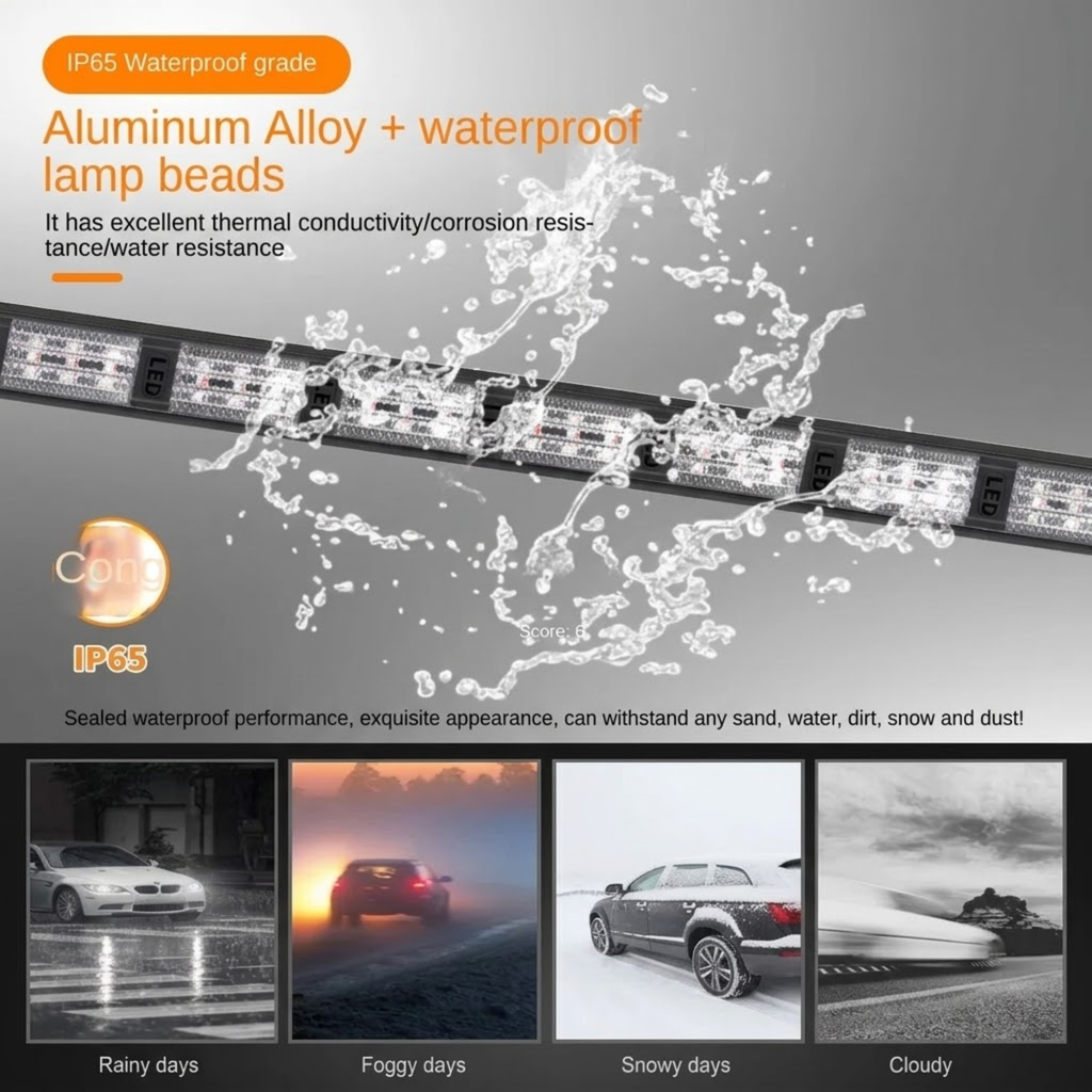 LED Bumper Strobe Light Strip aluminium alloy body splashed with water to show IP65 waterproof rating in rain, fog and snow