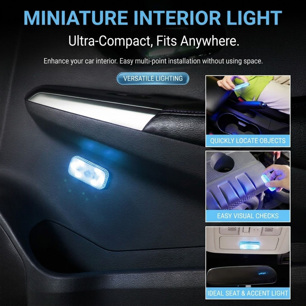 LED touch light mini design diagram showing use for finding objects, checking items and seat lighting in a car