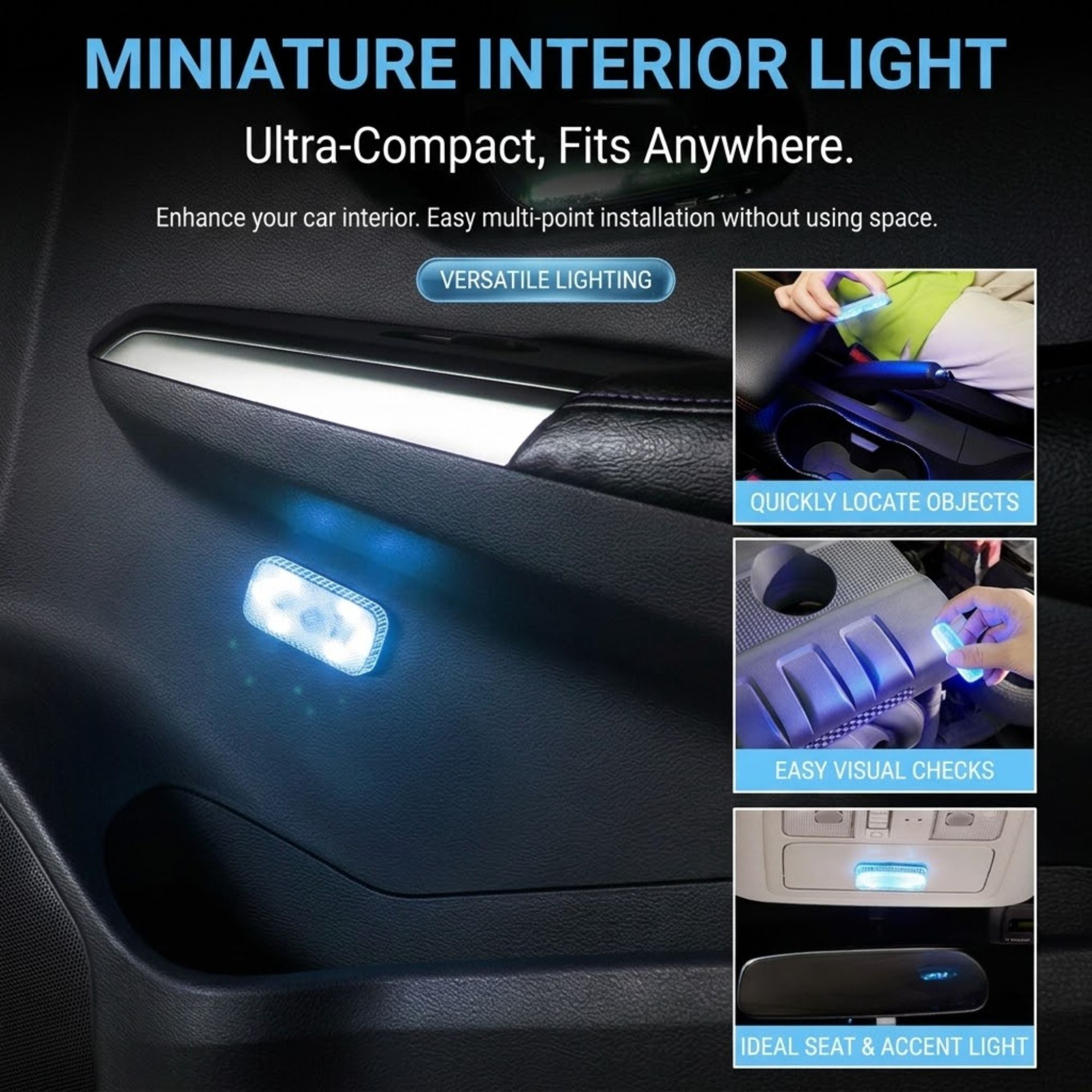 LED touch light mini design diagram showing use for finding objects, checking items and seat lighting in a car
