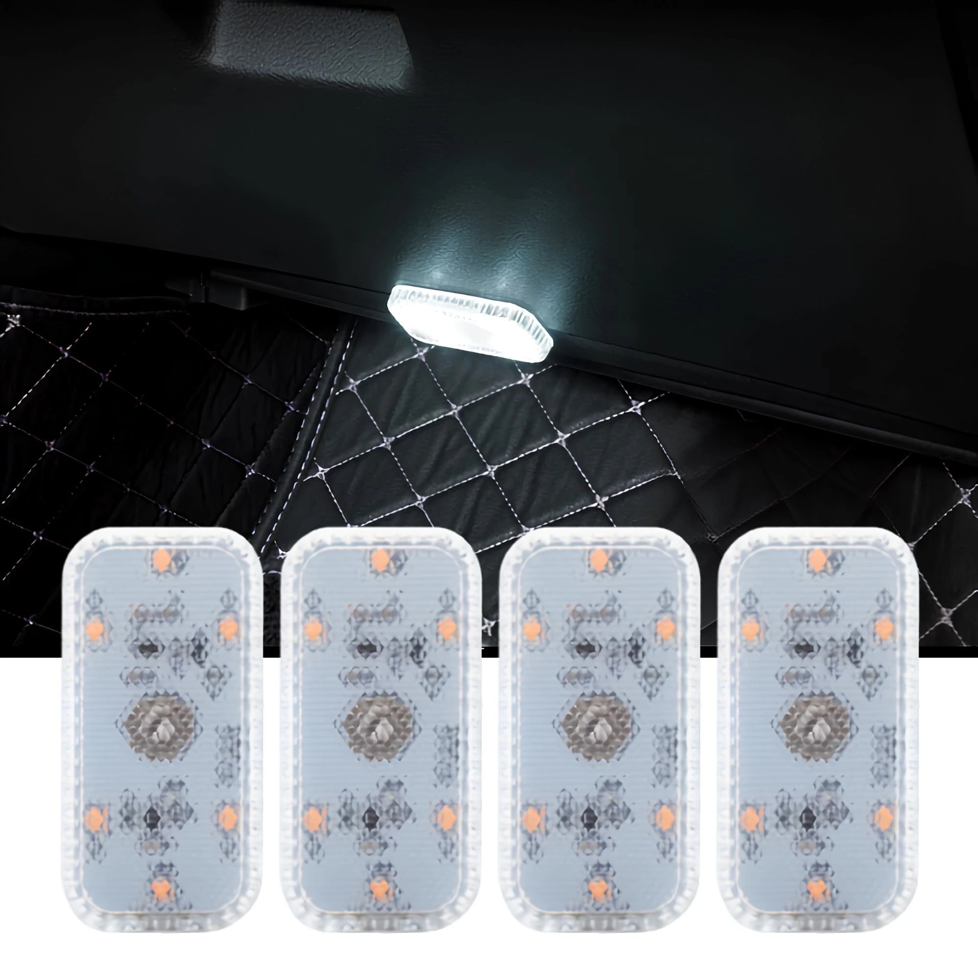 LED touch light strip glowing white inside a car boot with quilted trunk liner and four-pack of lights below