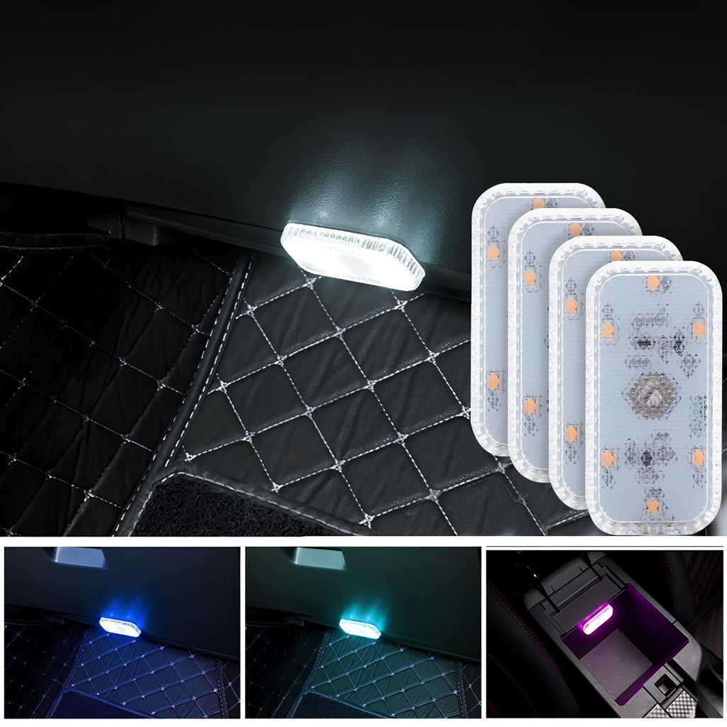 LED touch light glowing white in a car boot with four-pack and blue, teal and purple colour demonstrations