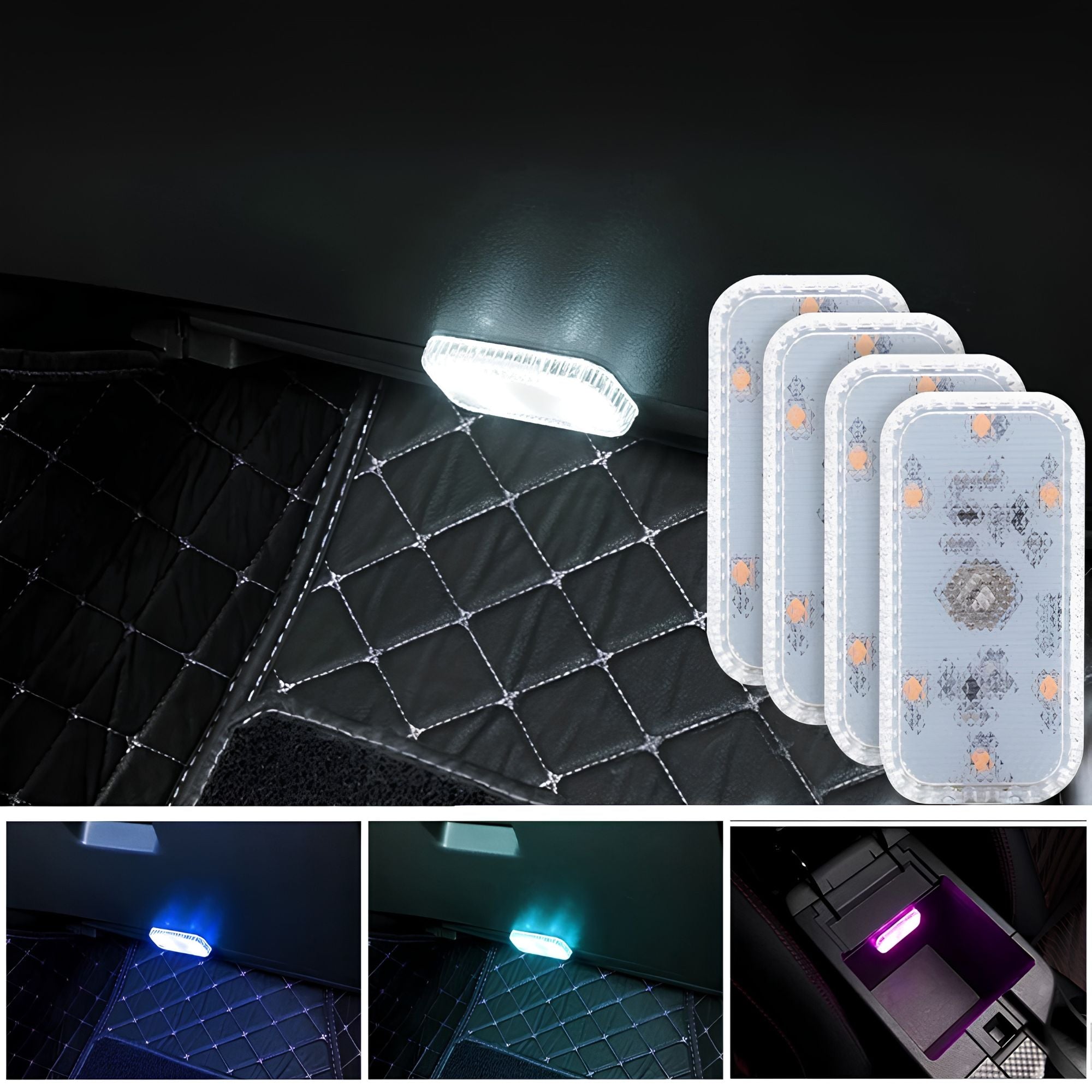 LED touch light glowing white in a car boot with four-pack and blue, teal and purple colour demonstrations