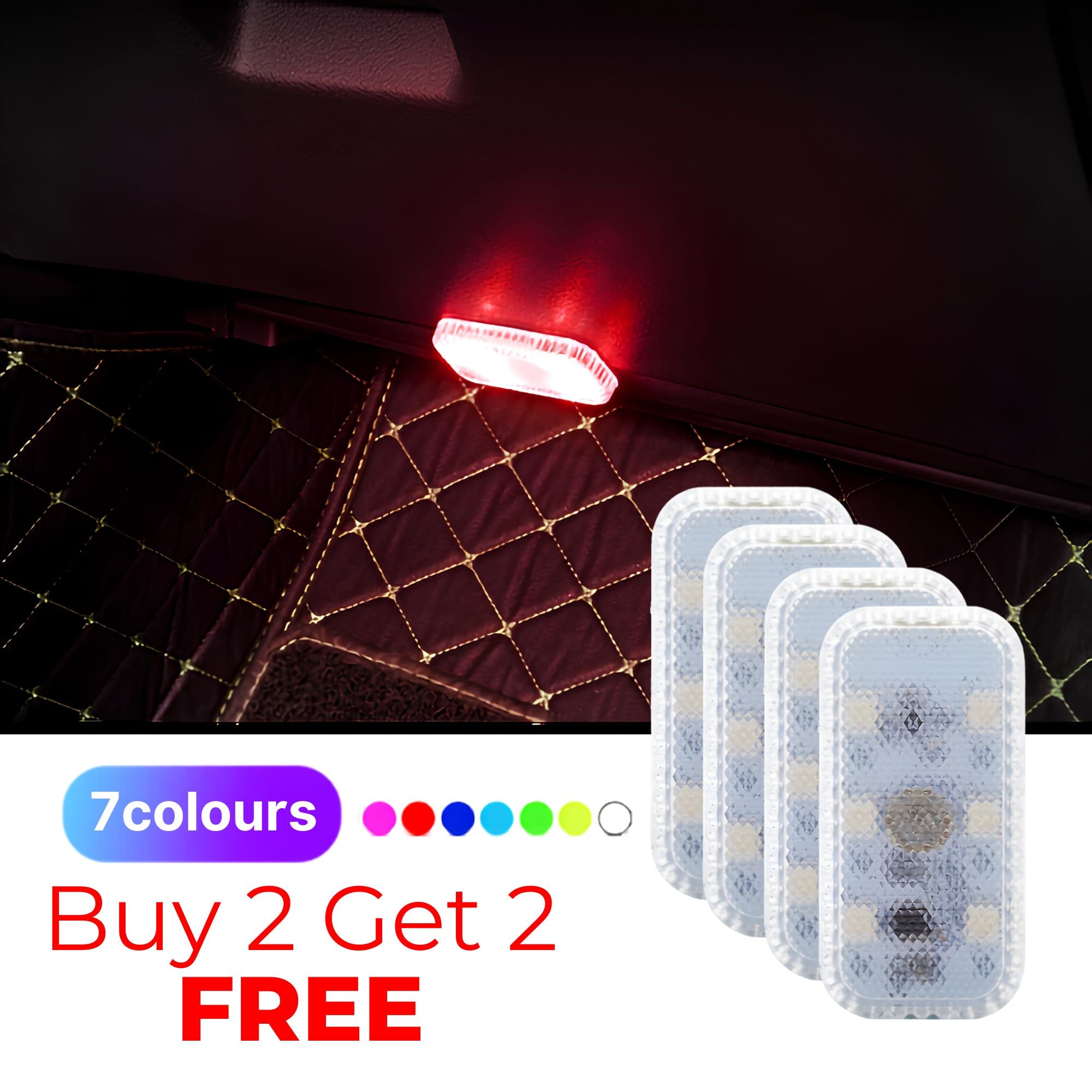 Four-pack of 7-colour LED touch lights glowing red inside a car boot with colour swatch options shown