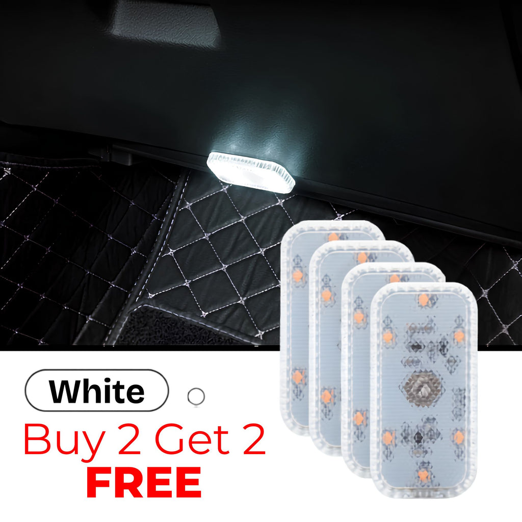 Four-pack of white LED touch lights displayed against a car boot interior with Buy 2 Get 2 Free offer
