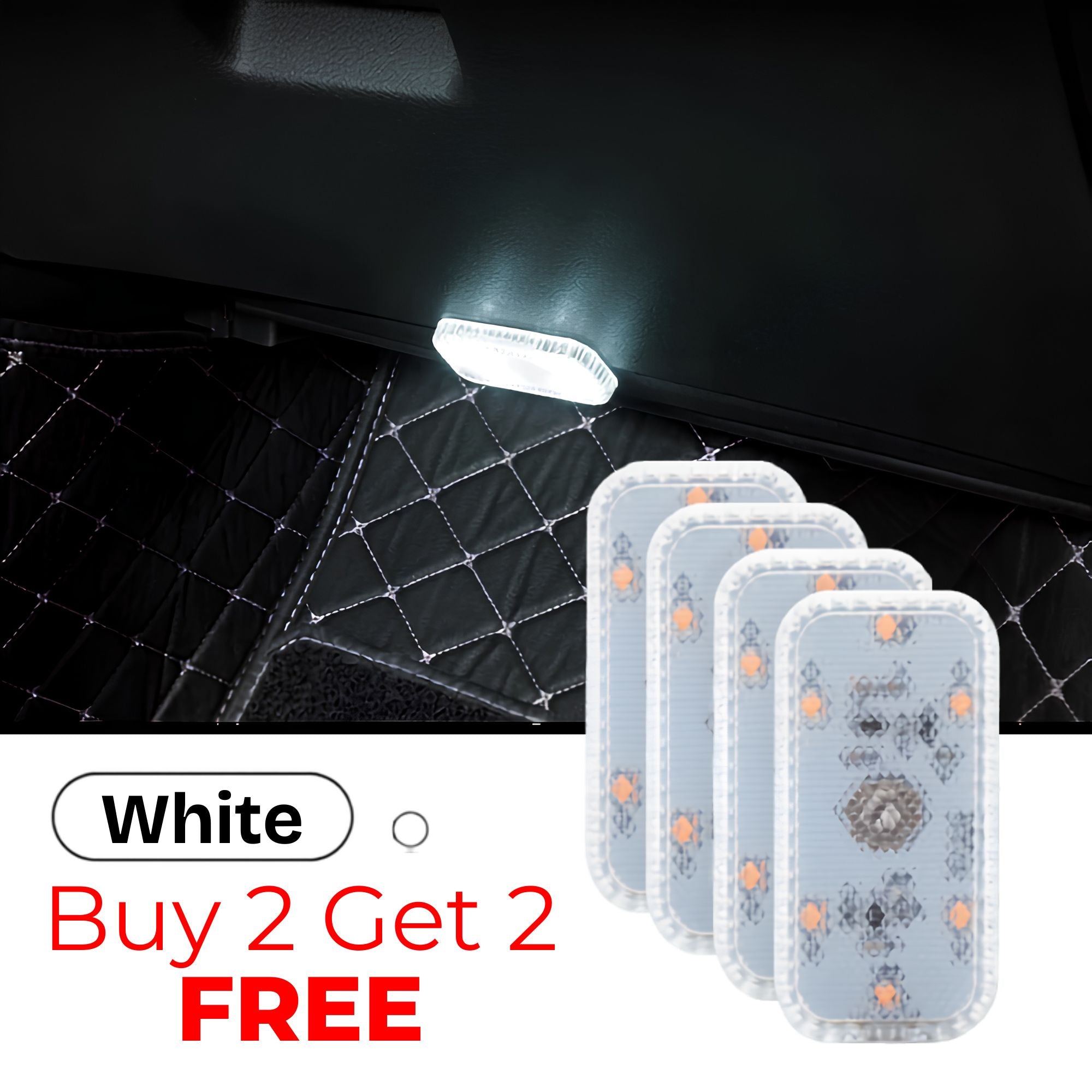 Four-pack of white LED touch lights displayed against a car boot interior with Buy 2 Get 2 Free offer