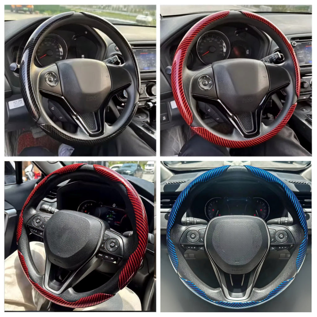 Carbon Fibre Wheel Cover fitted on four different car steering wheels in black red and blue
