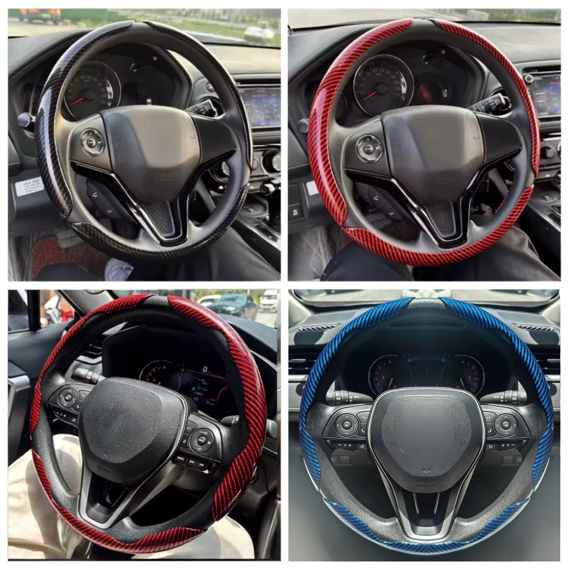 Carbon Fibre Wheel Cover fitted on four different car steering wheels in black red and blue