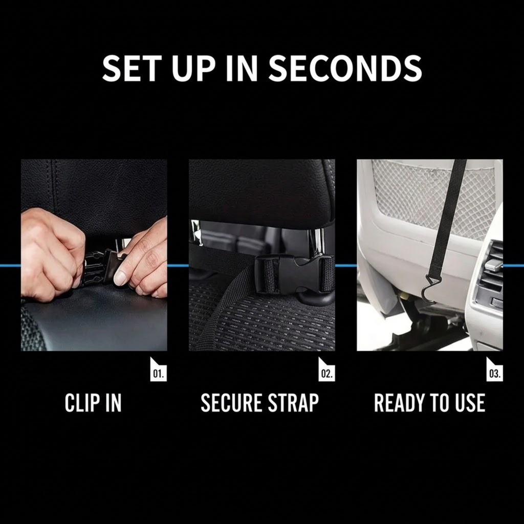 Three-step setup guide for the Collapsible Car Rubbish Bin showing clip in, secure strap and ready to use