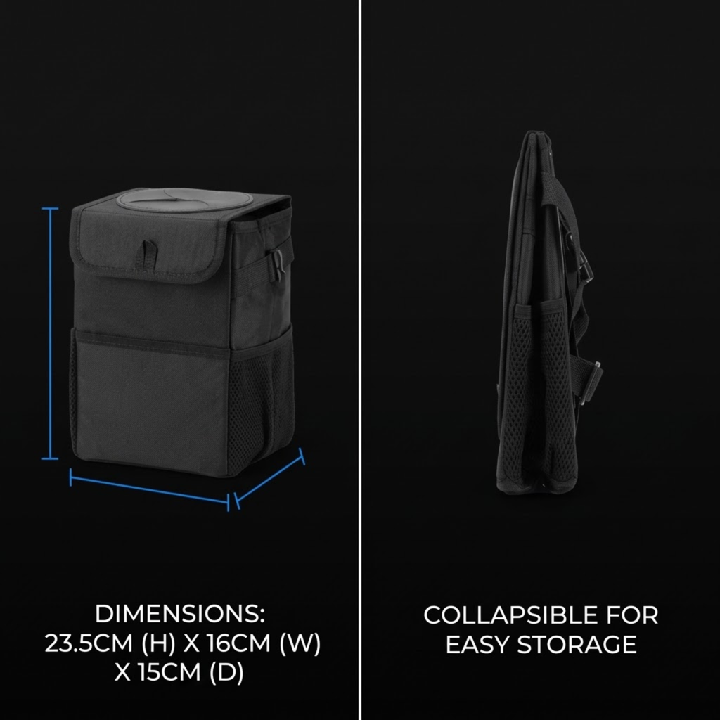 Collapsible Car Rubbish Bin dimensions 23.5cm height by 16cm width by 15cm depth shown folded flat for storage