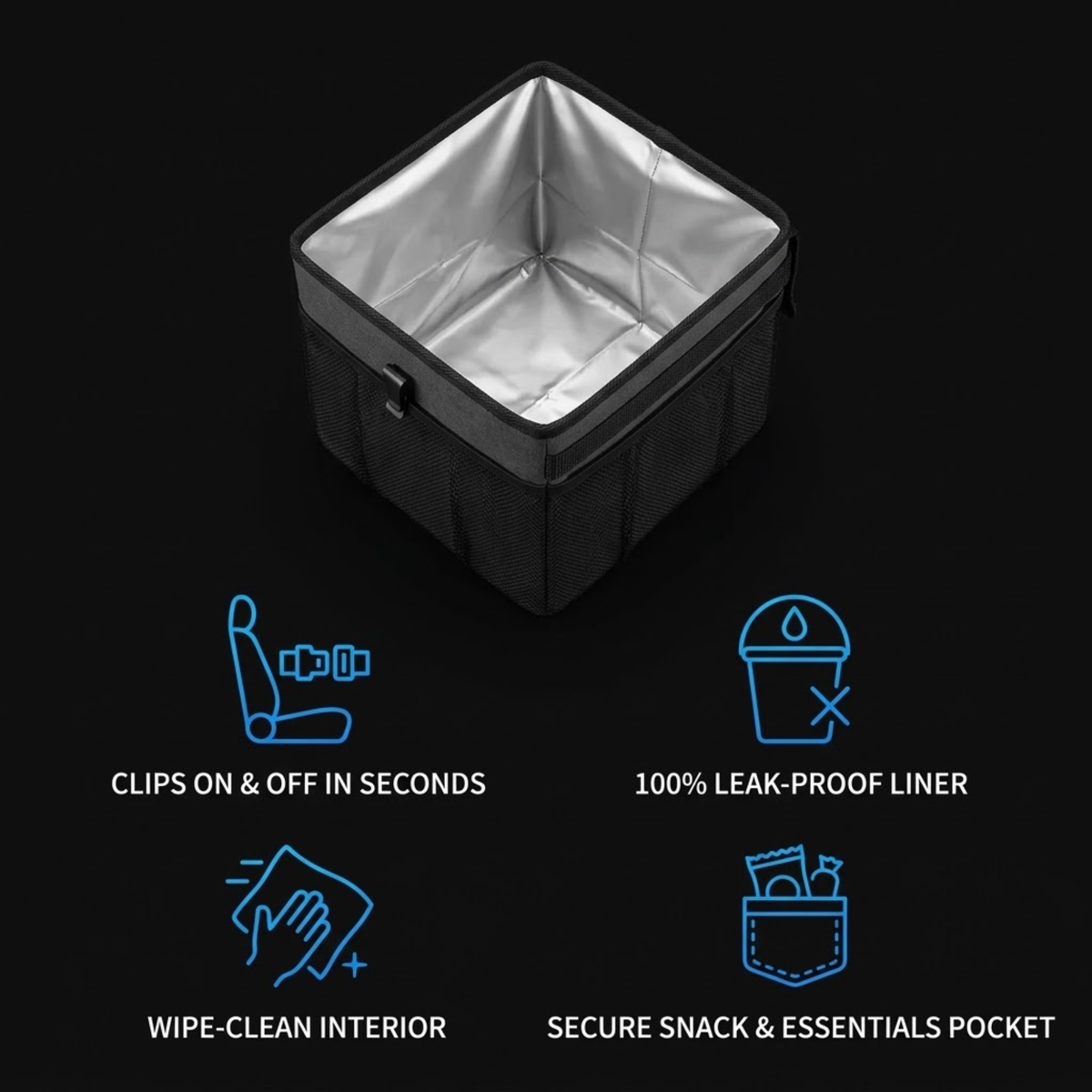 Collapsible Car Rubbish Bin open interior view with clip fastening, leak-proof liner, wipe-clean lining and snack pocket features