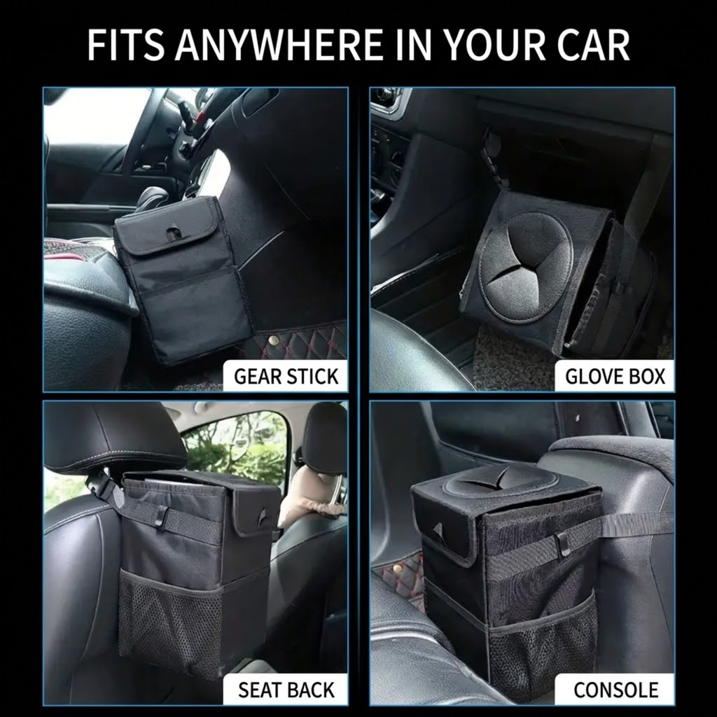 Collapsible Car Rubbish Bin shown fitted to a gear stick, glove box, seat back and centre console