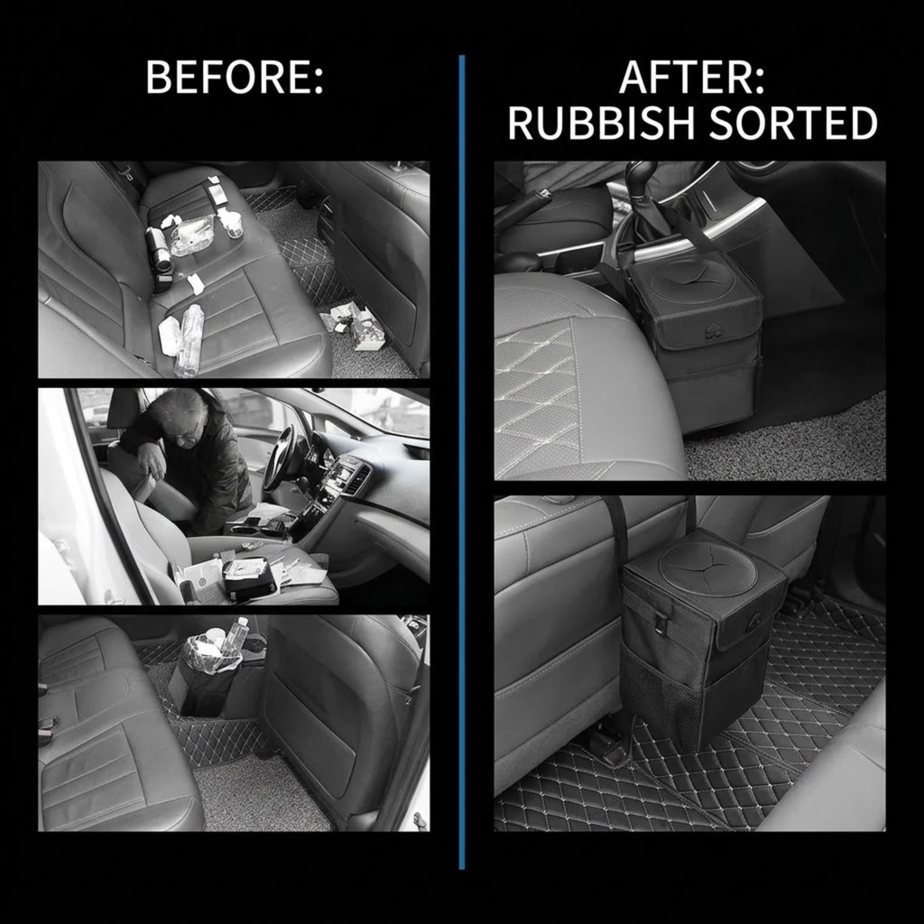 Before and after comparison showing a messy car interior tidied using the Collapsible Car Rubbish Bin