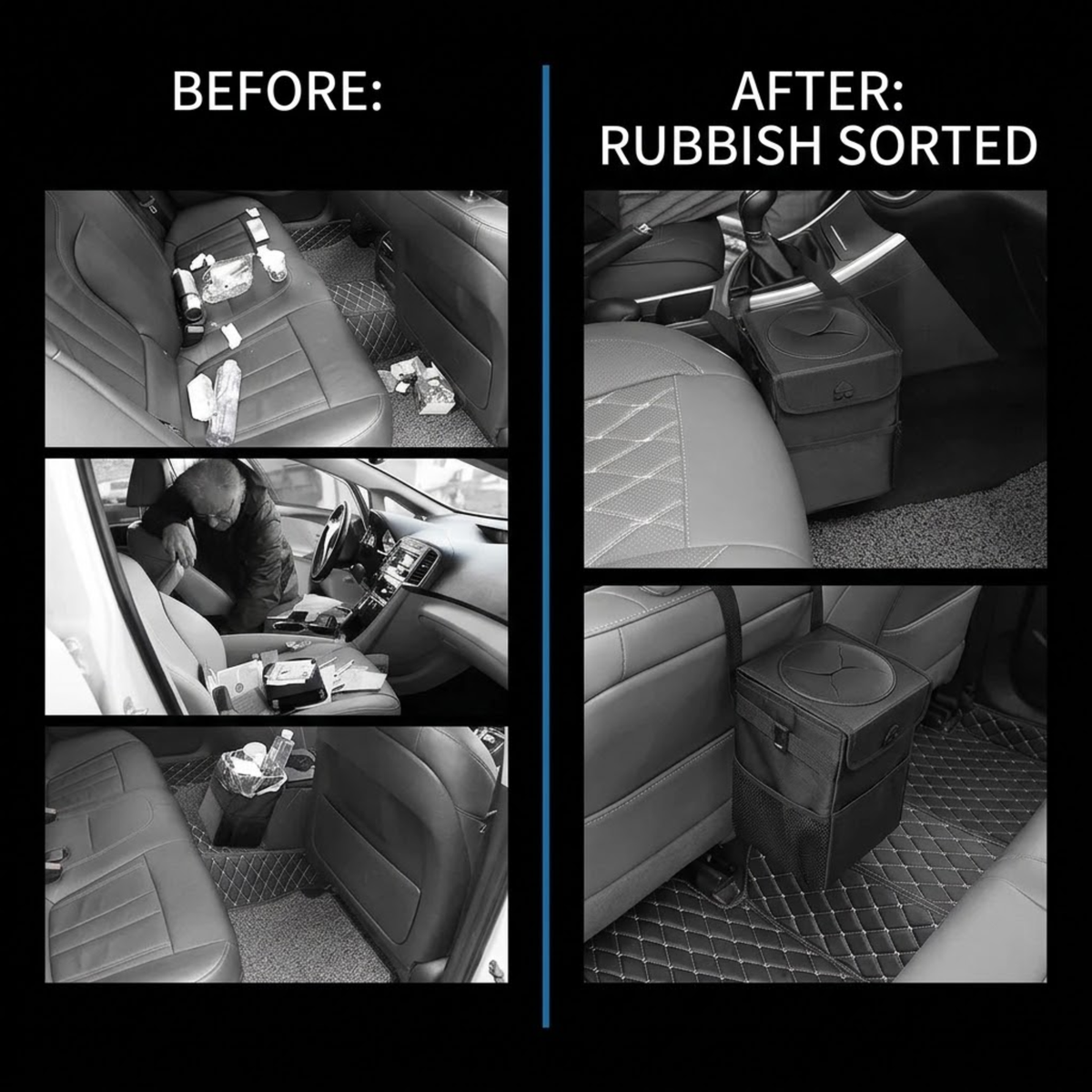 Before and after comparison showing a messy car interior tidied using the Collapsible Car Rubbish Bin