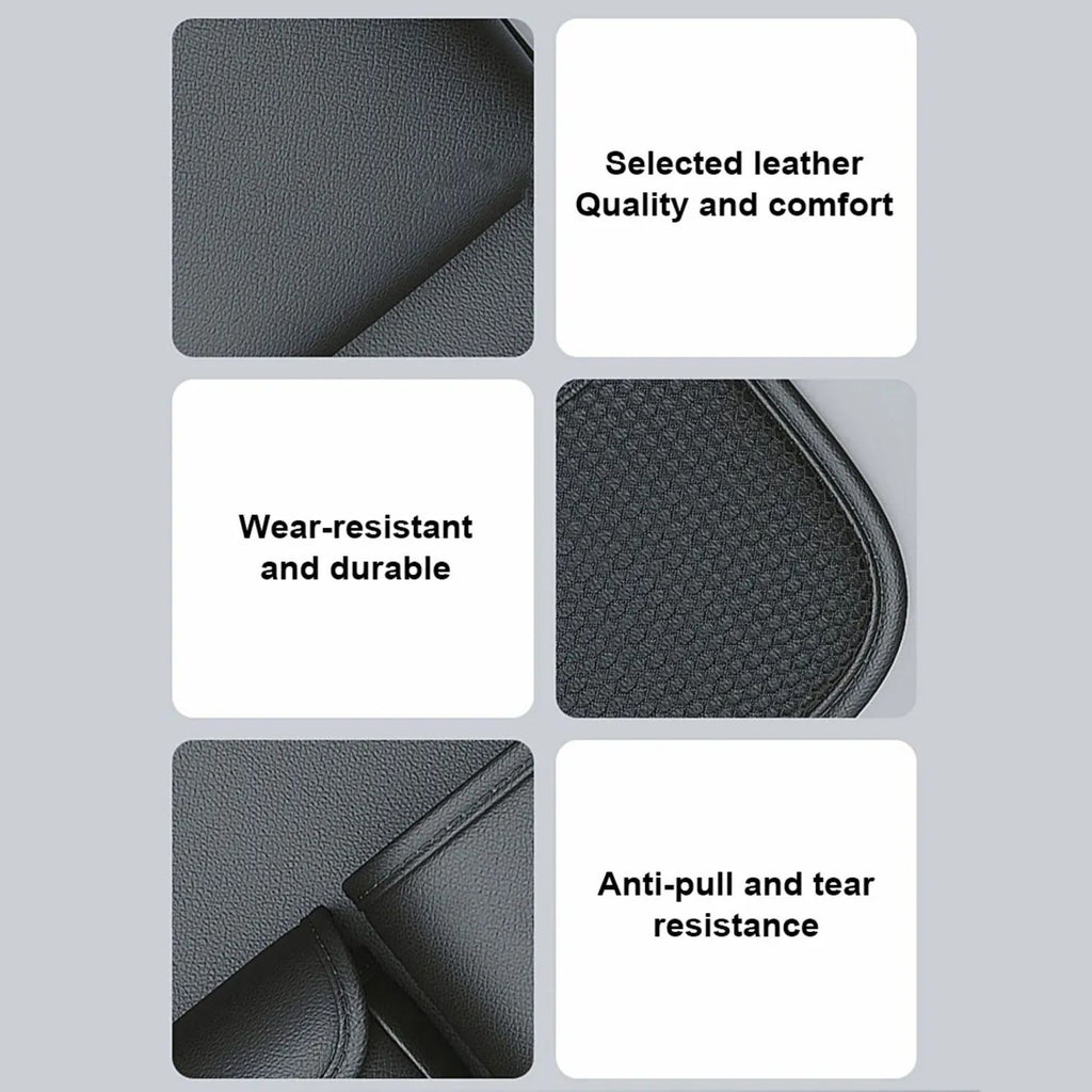 A four-panel feature graphic showing close-up views of a dark gray leather product with text callouts reading 'Selected leather Quality and comfort,' 'Wear-resistant and durable,' and 'Anti-pull and tear resistance' on a light gray background.