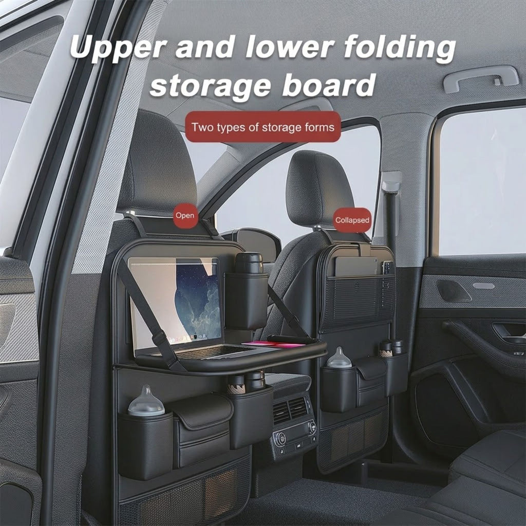 A car interior showing a black folding storage system mounted behind the front seats, with text reading 'Upper and lower folding storage board' and 'Two types of storage forms.' The setup includes a tabletop, cup holders, side pockets, and a screen holder, demonstrated in open and folded positions.