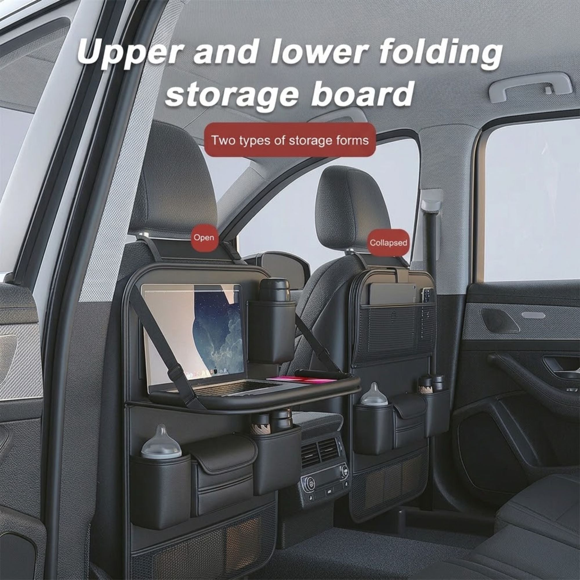 A car interior showing a black folding storage system mounted behind the front seats, with text reading 'Upper and lower folding storage board' and 'Two types of storage forms.' The setup includes a tabletop, cup holders, side pockets, and a screen holder, demonstrated in open and folded positions.