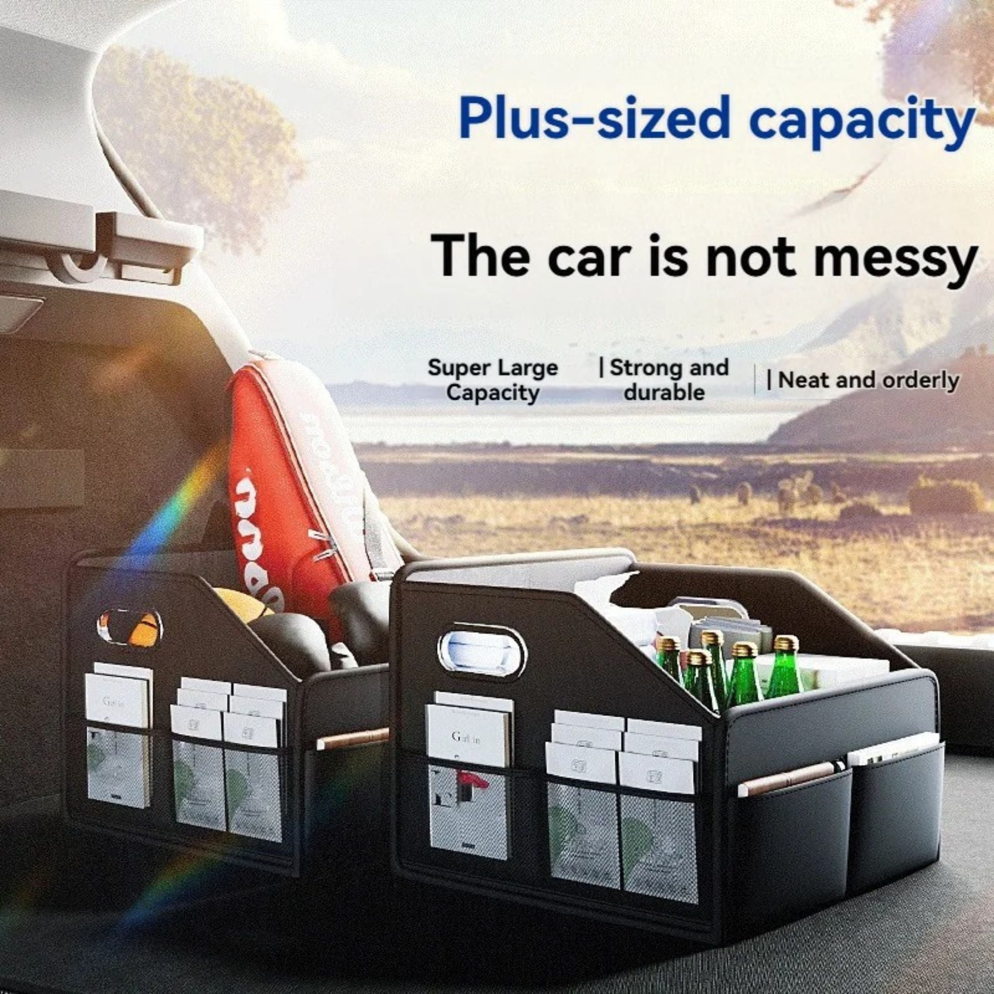 Large-capacity leather car boot organiser keeping vehicle trunk tidy with drinks and accessories stored neatly