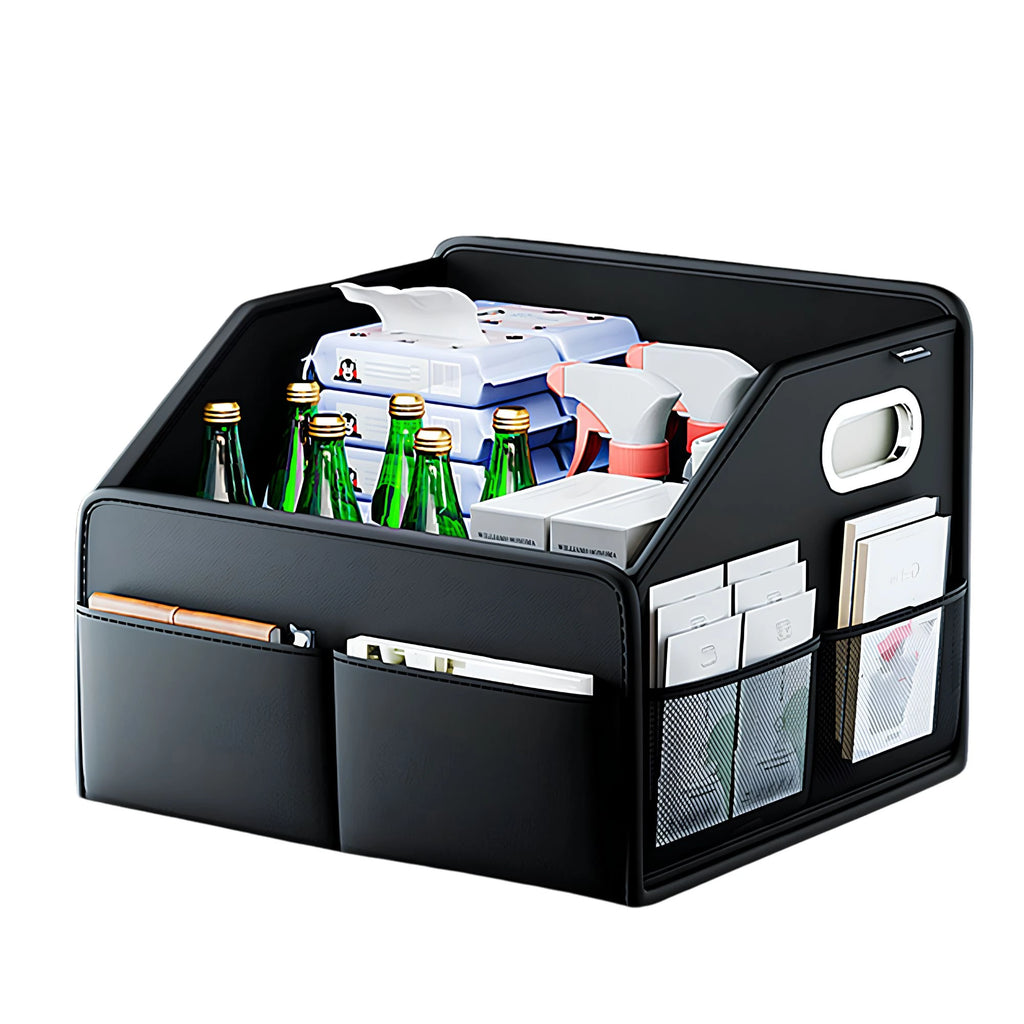 Black leather car boot organiser fully packed with drink bottles and household items in a vehicle trunk