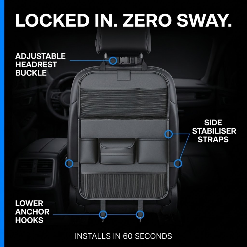 Leather backseat organiser on a car seat showing the adjustable headrest buckle, side stabiliser straps and lower anchor hooks