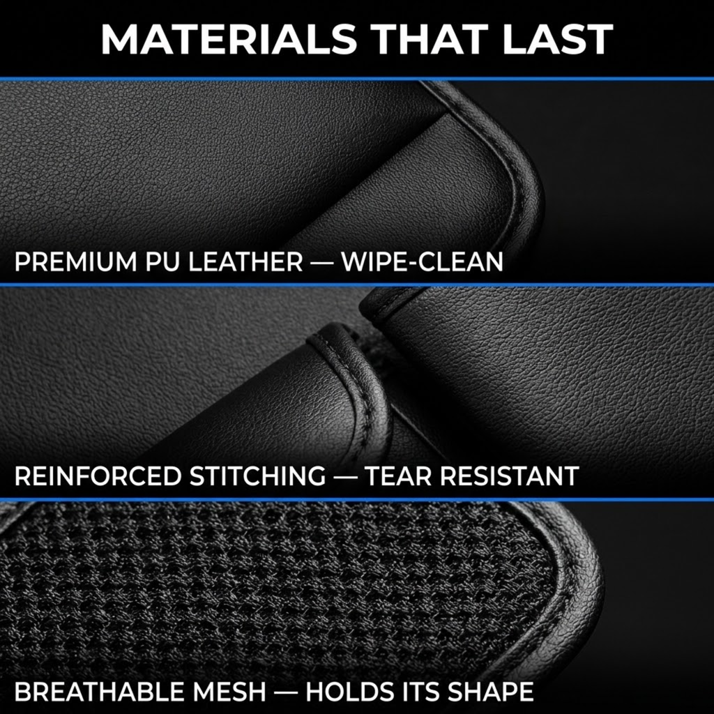 Close-up of the backseat organiser materials: PU leather surface, reinforced stitching and breathable mesh pocket