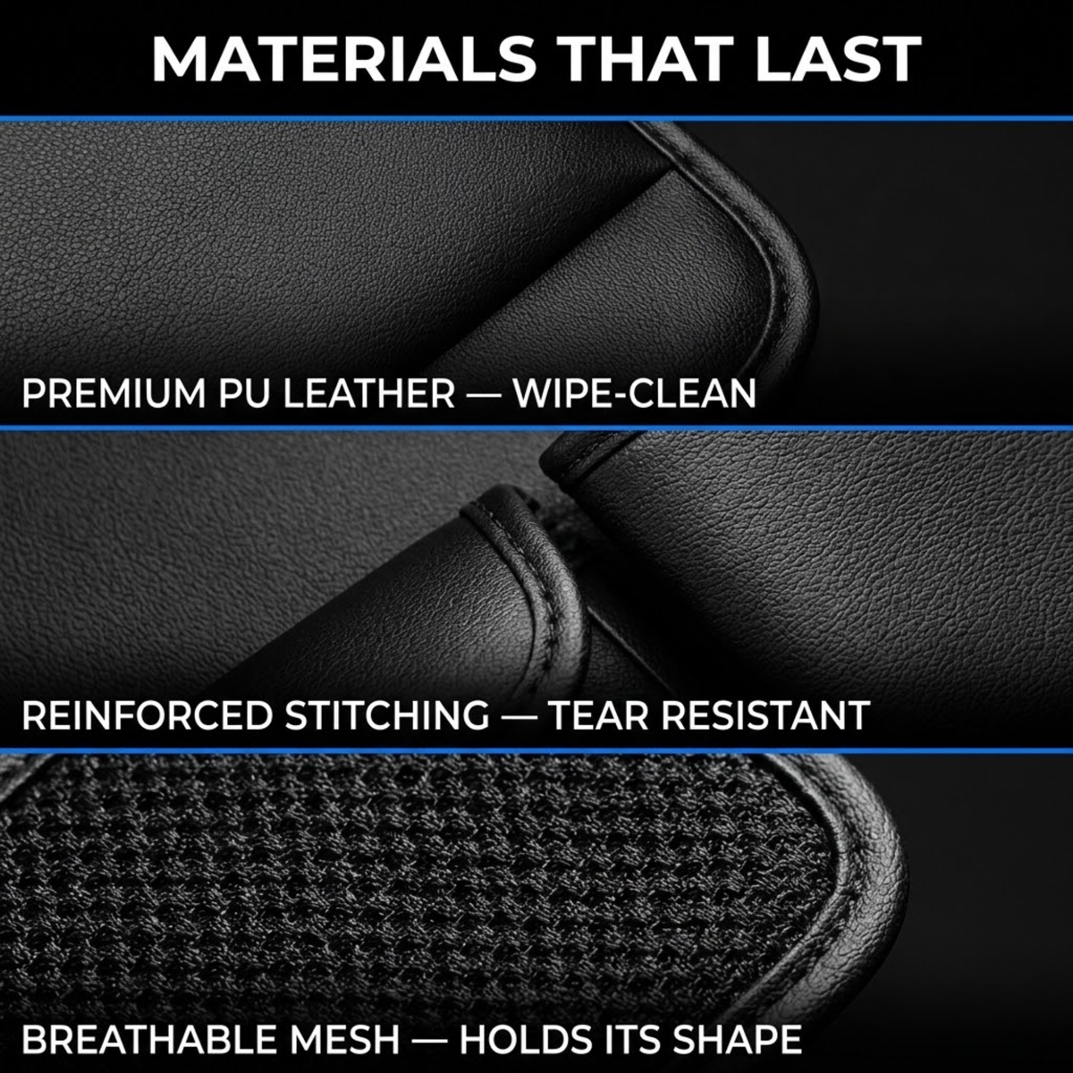 Close-up of the backseat organiser materials: PU leather surface, reinforced stitching and breathable mesh pocket