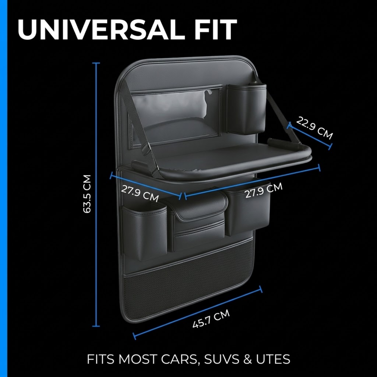 Leather backseat organiser dimension diagram: 63.5 cm tall, 45.7 cm wide, with a 27.9 cm by 22.9 cm fold-down tray