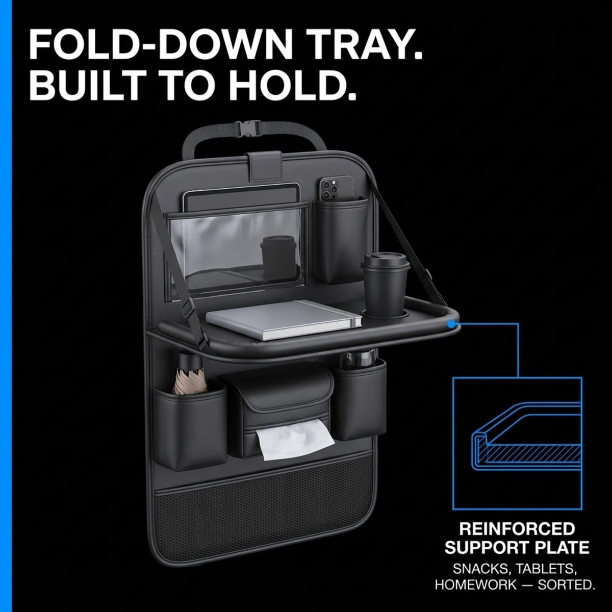 Leather backseat organiser with fold-down tray holding a laptop and coffee cup, with a close-up diagram of the reinforced support plate