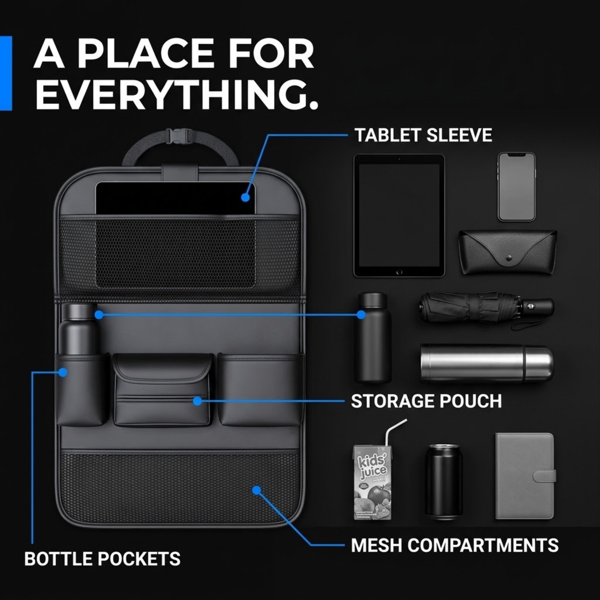 Leather backseat organiser layout showing tablet sleeve, bottle pockets, storage pouch and mesh compartments beside a tablet, phone, umbrella and drink bottles