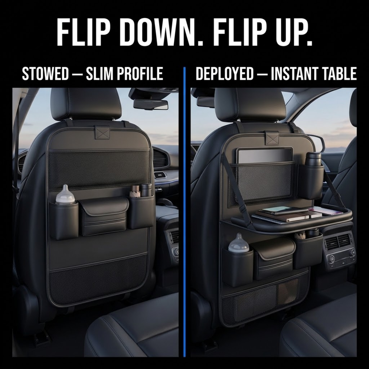 Side-by-side view of the leather backseat organiser with the tray folded up and folded down as a table on a car seat