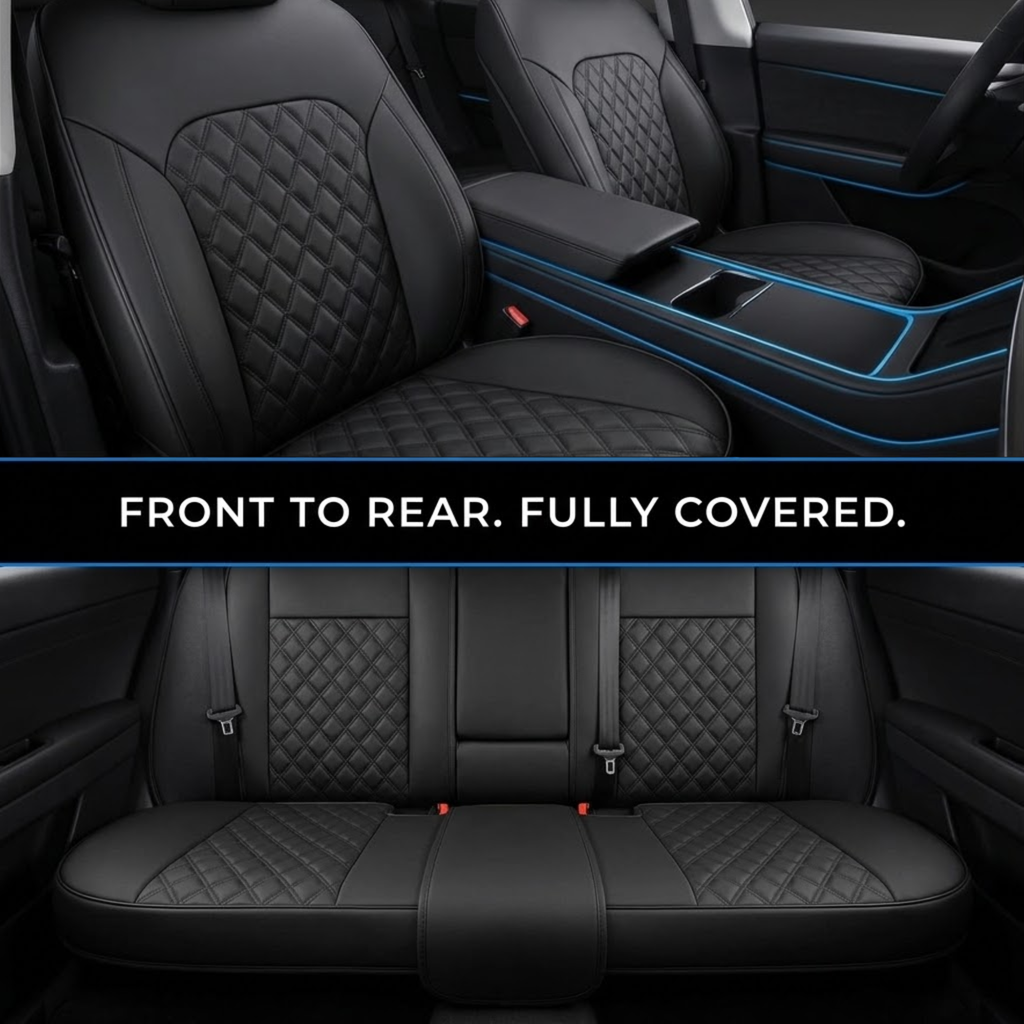 Black quilted car seat covers shown installed on the front and rear seats of a vehicle interior, with blue ambient lighting visible and a text banner reading 'FRONT TO REAR. FULLY COVERED.