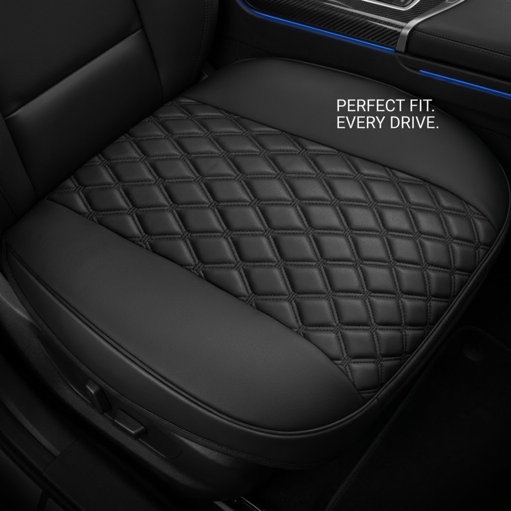 A black car seat cushion with a quilted diamond pattern, shown installed on a car seat inside a vehicle. The text 'PERFECT FIT.