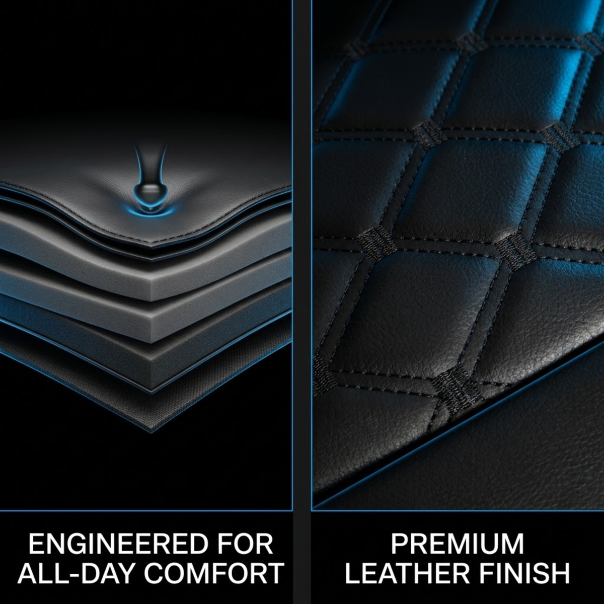 A split promotional graphic showing close-up details of a black quilted leather seat or cushion. The left panel shows layered padding with blue highlights and the text 'ENGINEERED FOR ALL-DAY COMFORT.
