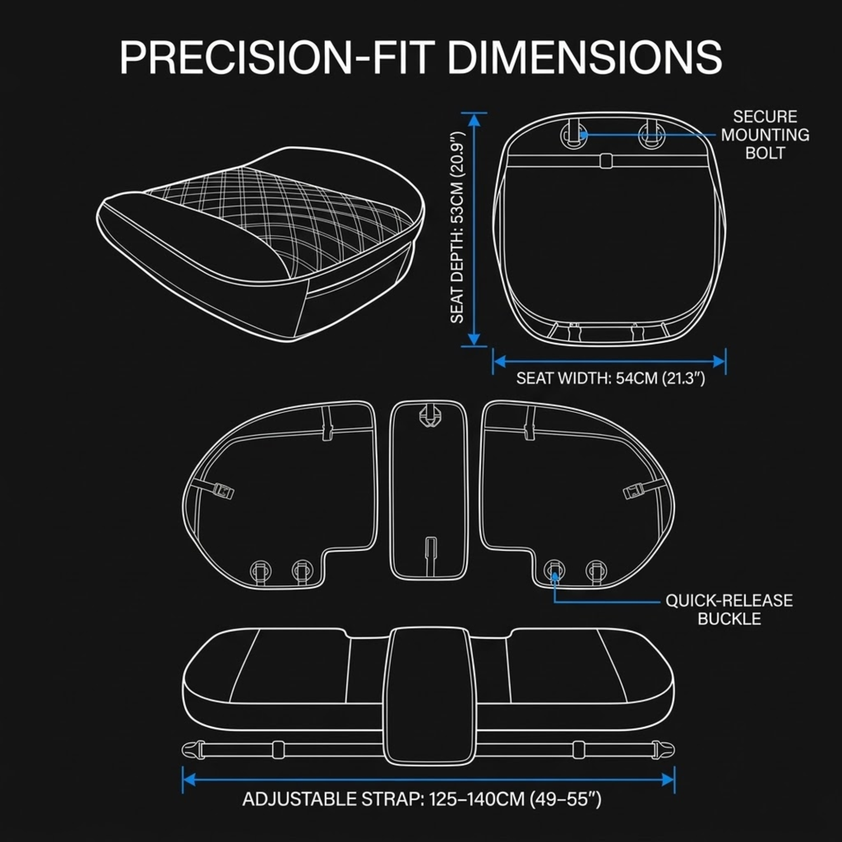 A black technical diagram titled 'PRECISION-FIT DIMENSIONS' showing white line drawings of a seat cover with labeled measurements for seat depth, seat width, buckle location, and adjustable strap length.