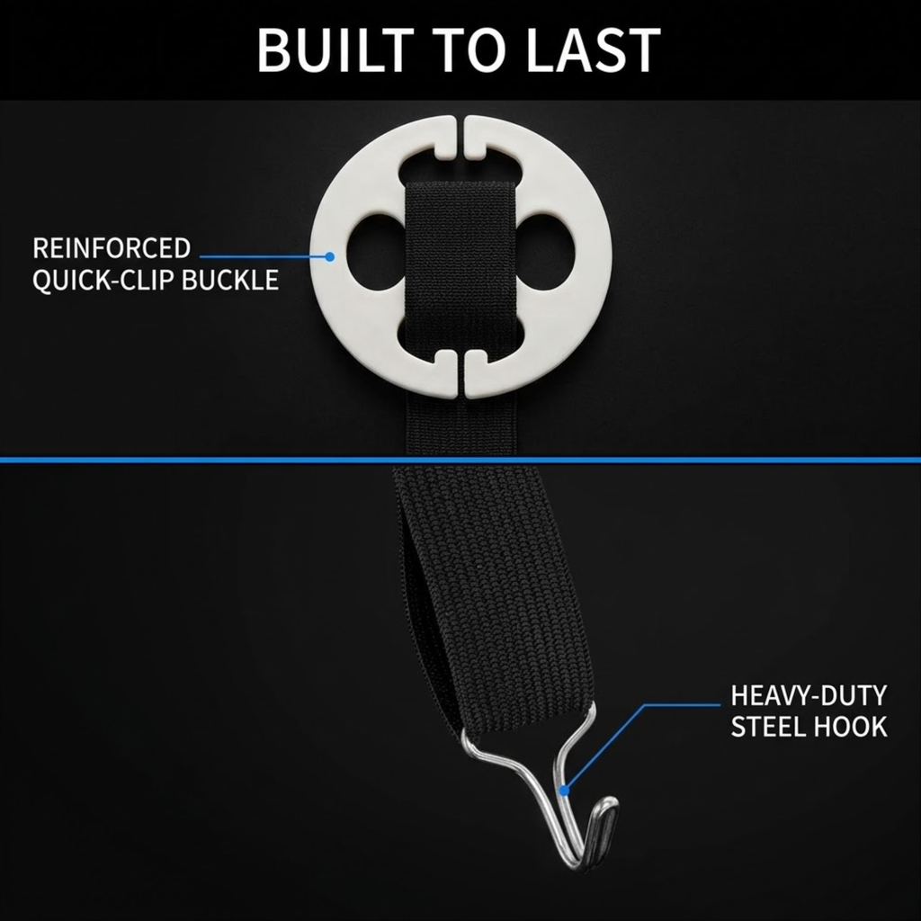 Black web belt with a reinforced white quick-clip buckle and a heavy-duty steel hook, shown on a black background with text callouts reading 'BUILT TO LAST', 'REINFORCED QUICK-CLIP BUCKLE', and 'HEAVY-DUTY STEEL HOOK'.