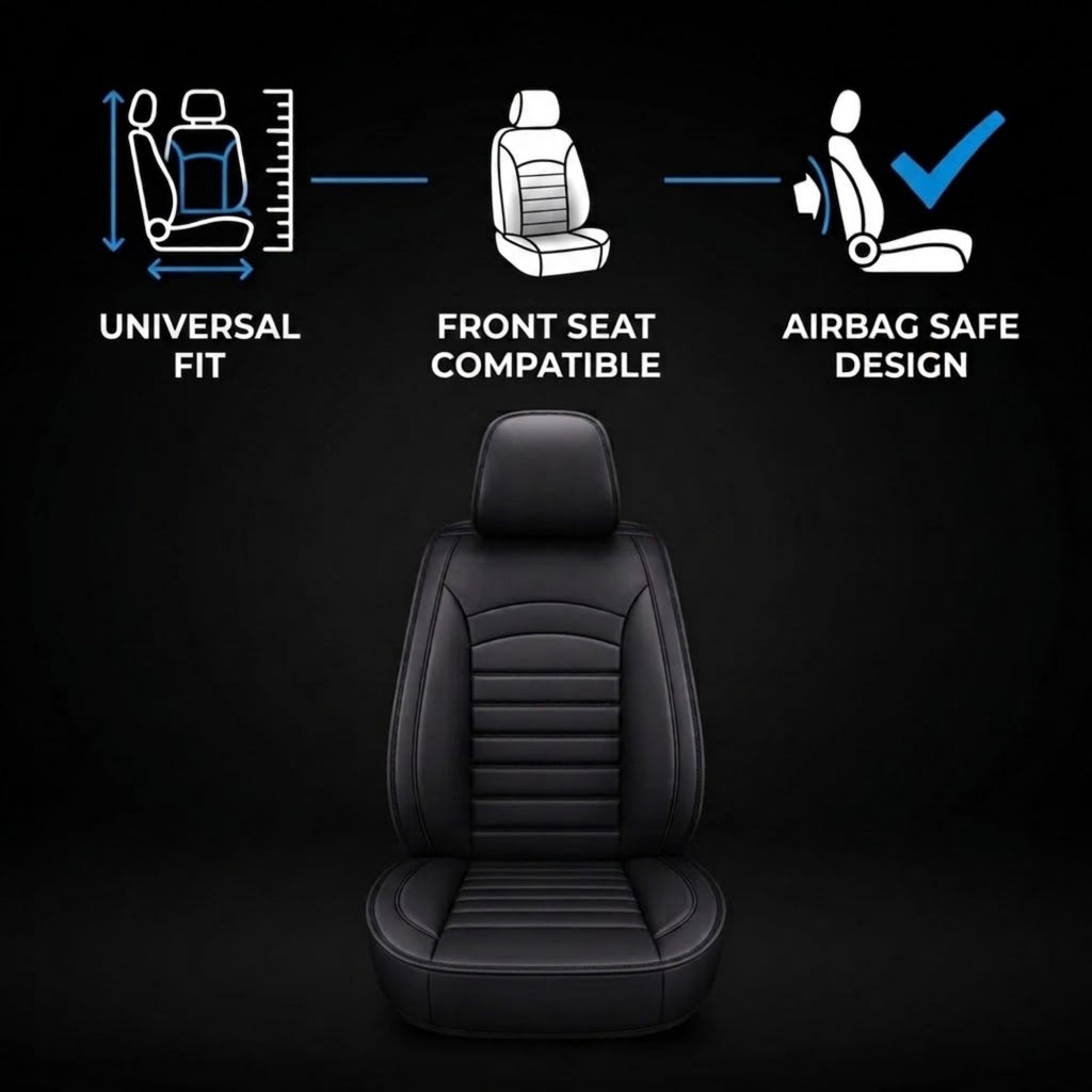Black car front seat cover shown on a dark background, with three feature callouts above: universal fit measurement guide, front seat compatible icon, and airbag safe design icon.