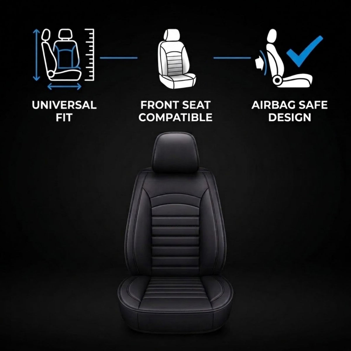 Black car front seat cover shown on a dark background, with three feature callouts above: universal fit measurement guide, front seat compatible icon, and airbag safe design icon.