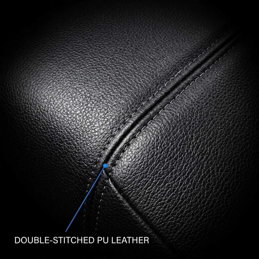 Close-up of black pebbled PU leather upholstery with double-stitched seams and text reading 'DOUBLE-STITCHED PU LEATHER' on a dark background.