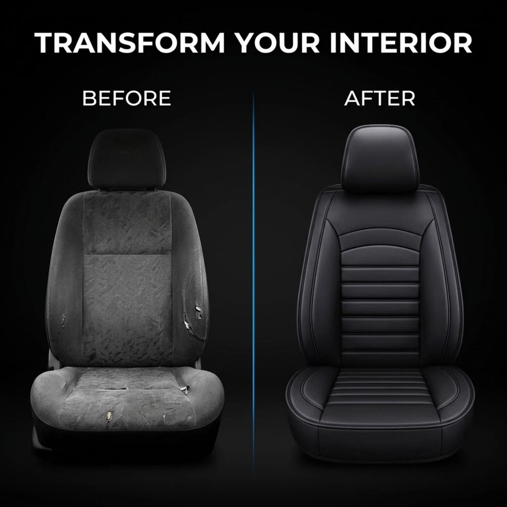 Before and after comparison of a car seat, showing a dirty gray fabric seat on the left labeled 'BEFORE' and a clean black leather-like seat on the right labeled 'AFTER' under the headline 'TRANSFORM YOUR INTERIOR'.