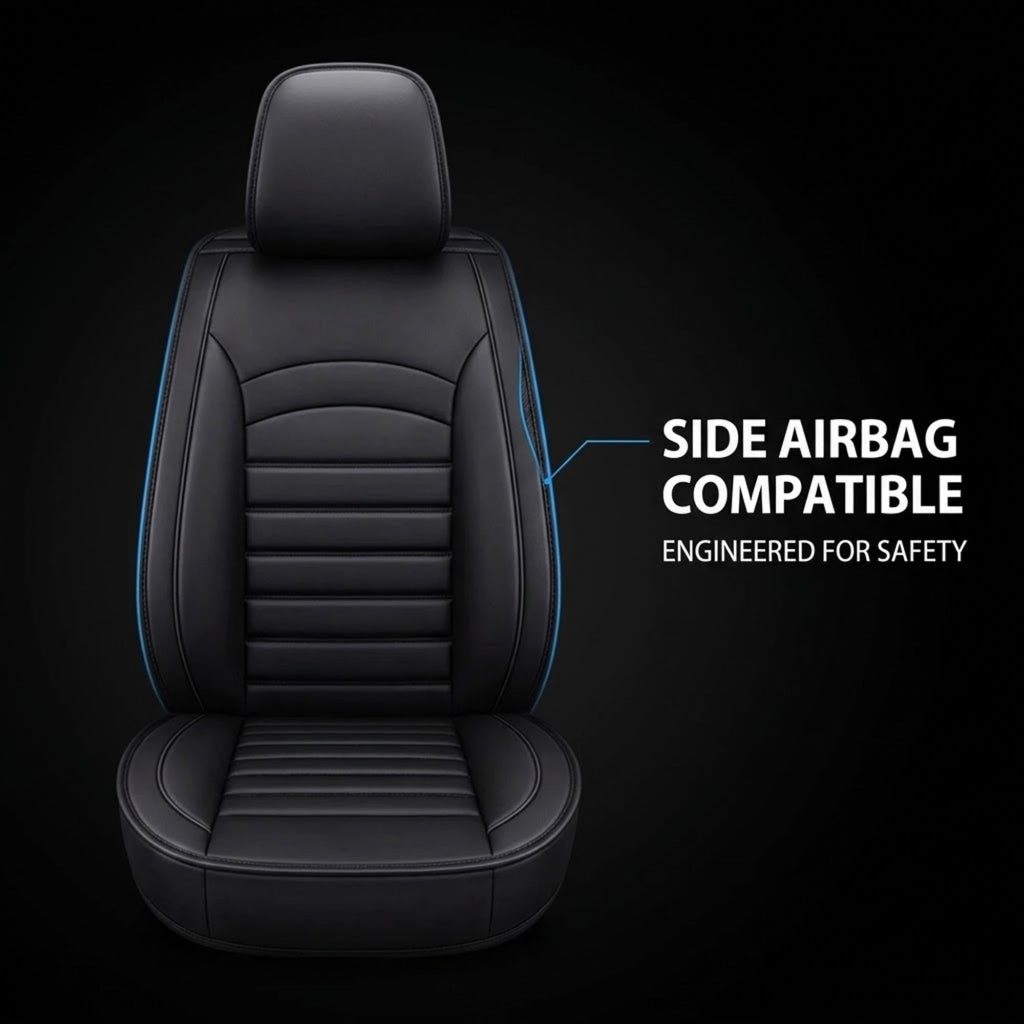 Black car seat cover with side airbag compatibility feature highlighted by blue outline and white text on a black background.
