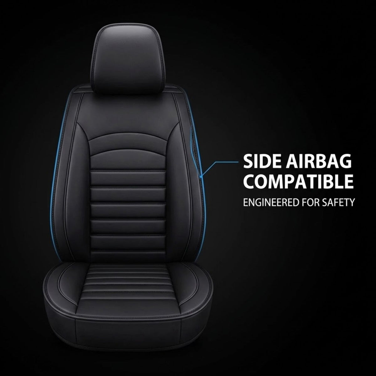 Black car seat cover with side airbag compatibility feature highlighted by blue outline and white text on a black background.