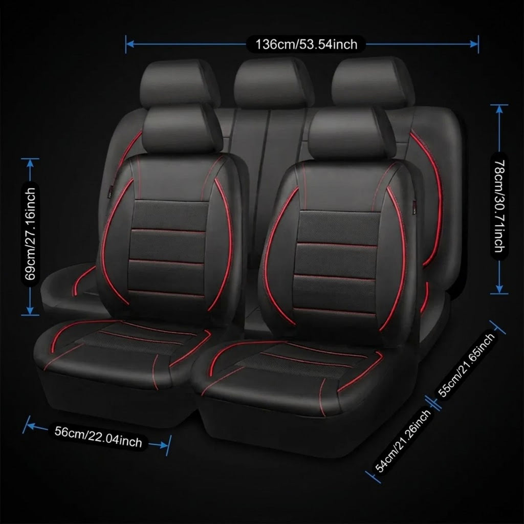 Black car seat covers with red contrast stitching shown on a three-seat bench, with blue dimension lines and text indicating measurements in centimeters and inches.